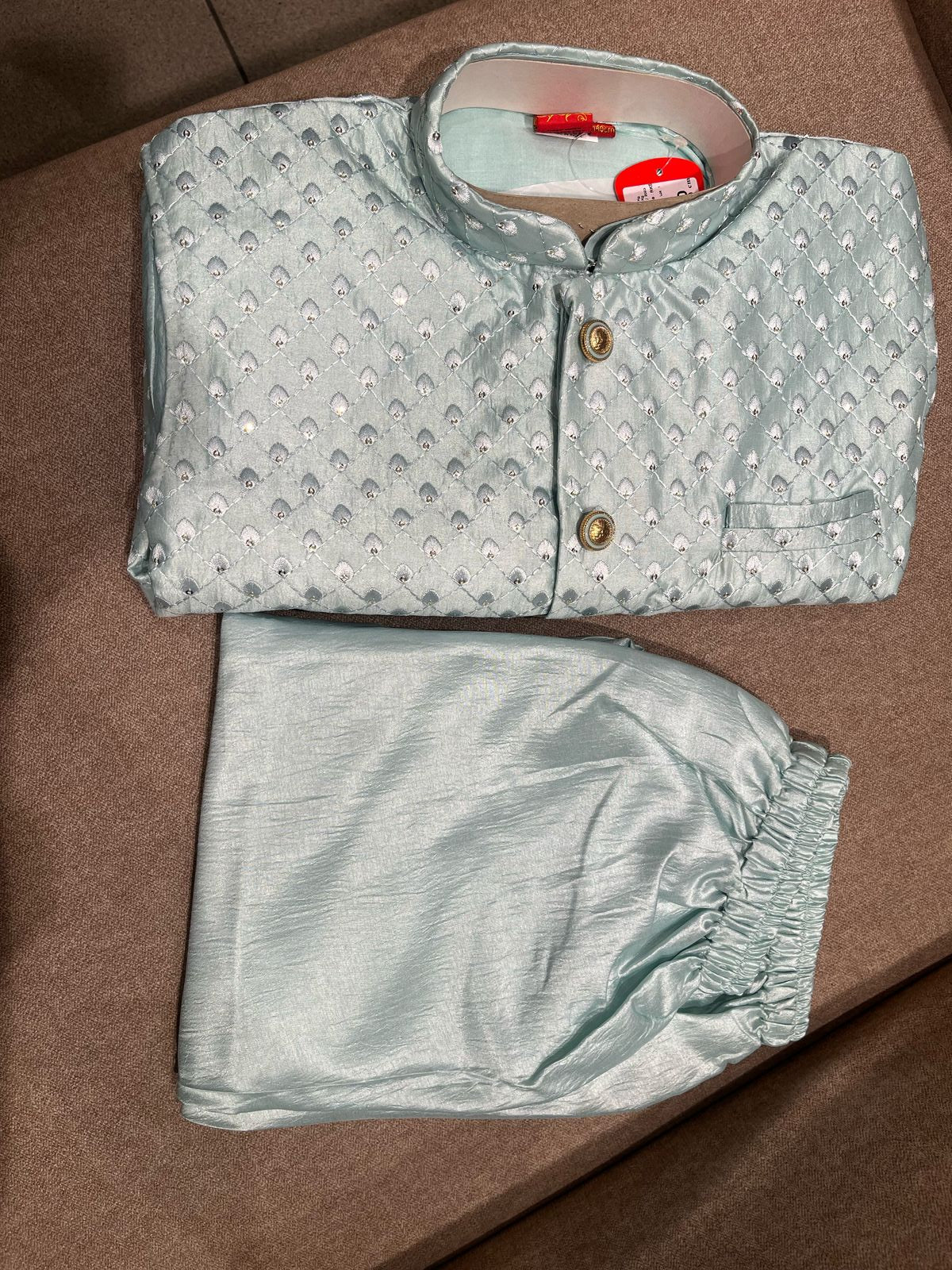 Seafoam Green Jacket Trouser Set For Kids