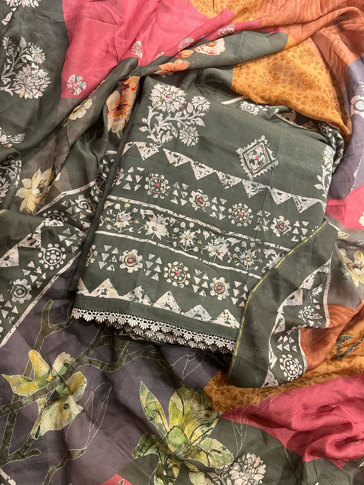 Unstitched Green Cotton Suit Set