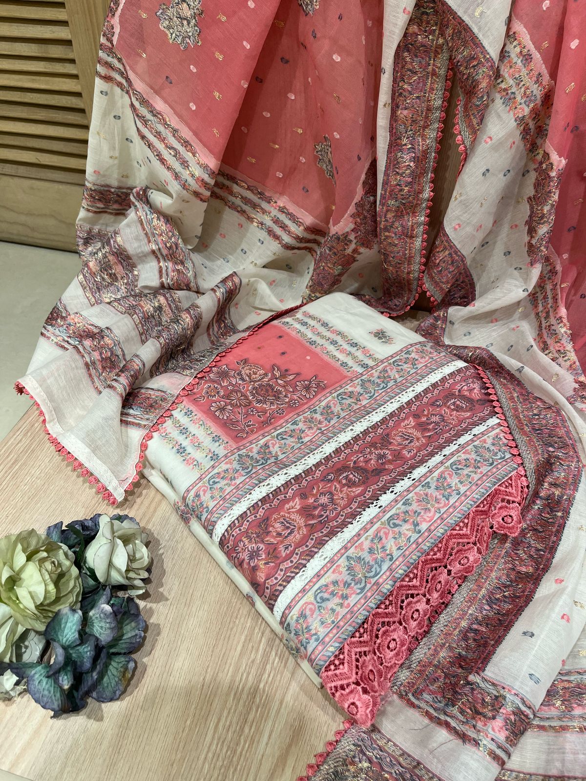 Peach & White Unstitched Cotton Fabric Suit Set