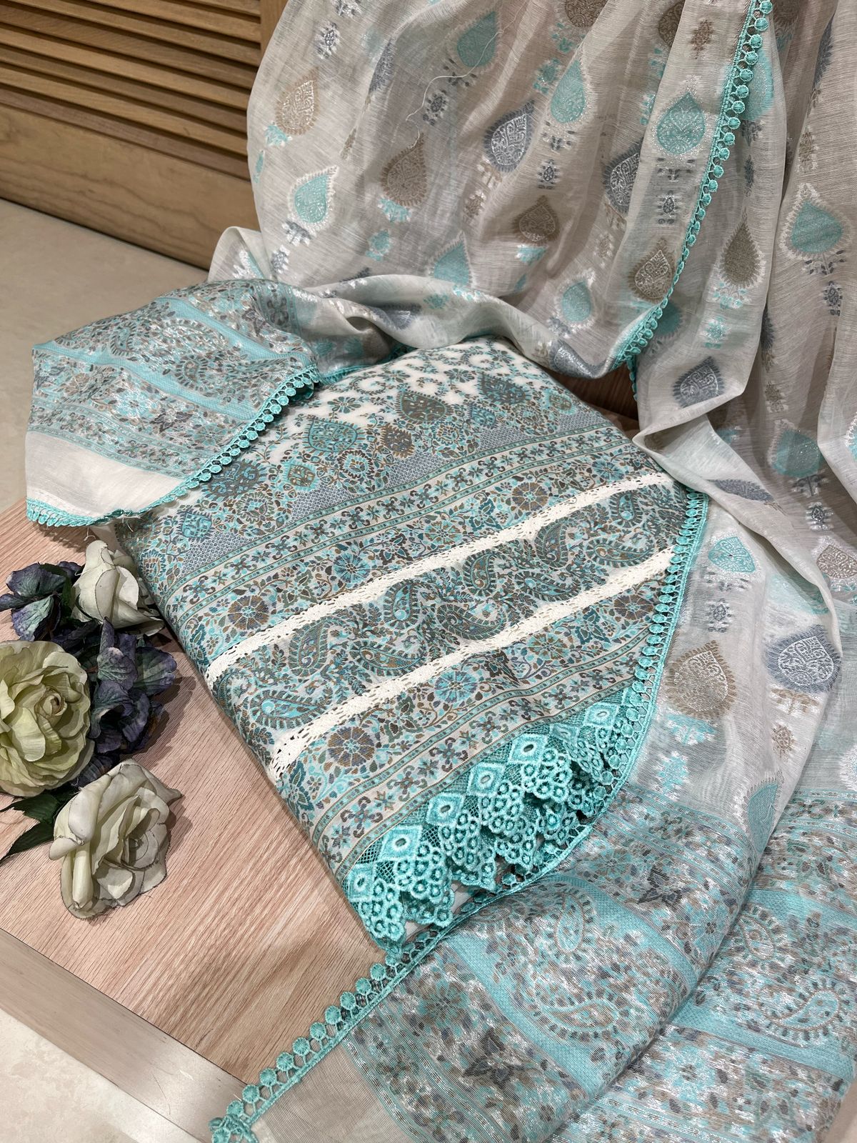 Light Blue Cotton Fabric Unstitched Suit Set