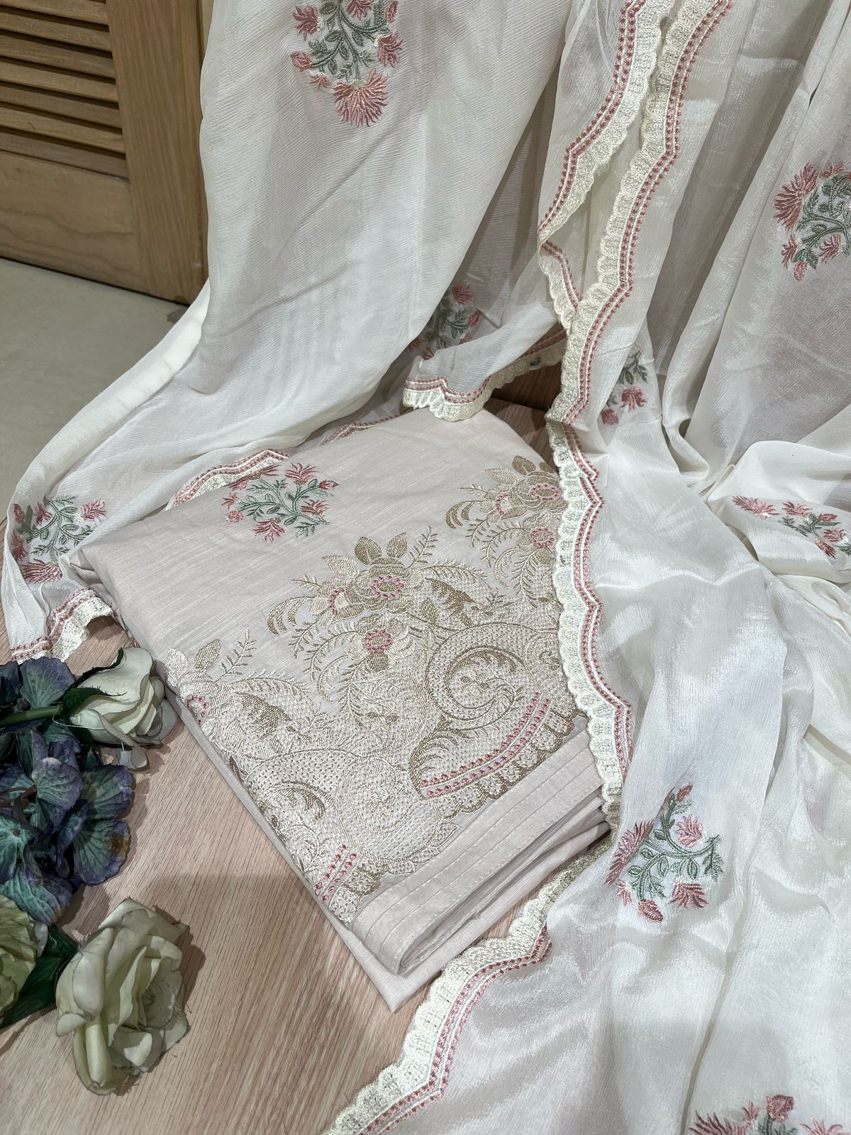 Adorable Light Beige Unstitched Cotton Suit Set