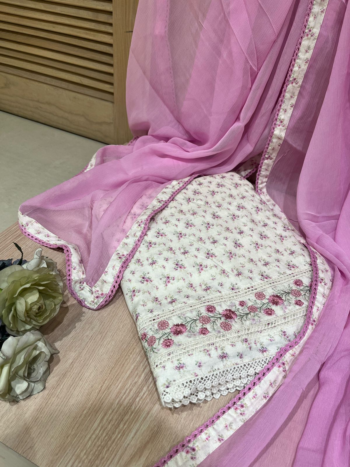 Printed Floral White Cotton Fabric Unstitched Suit Set