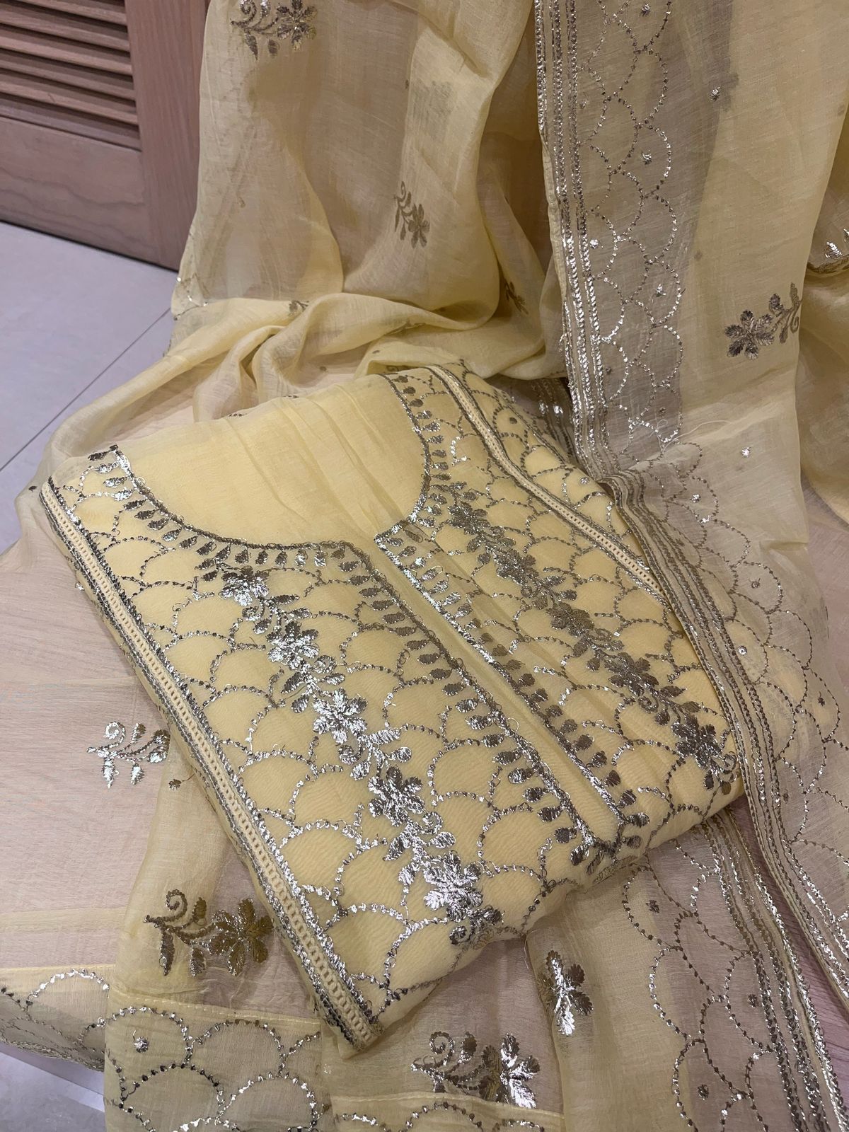 Unstitched Pastel Yellow Chanderi Silk Suit Set