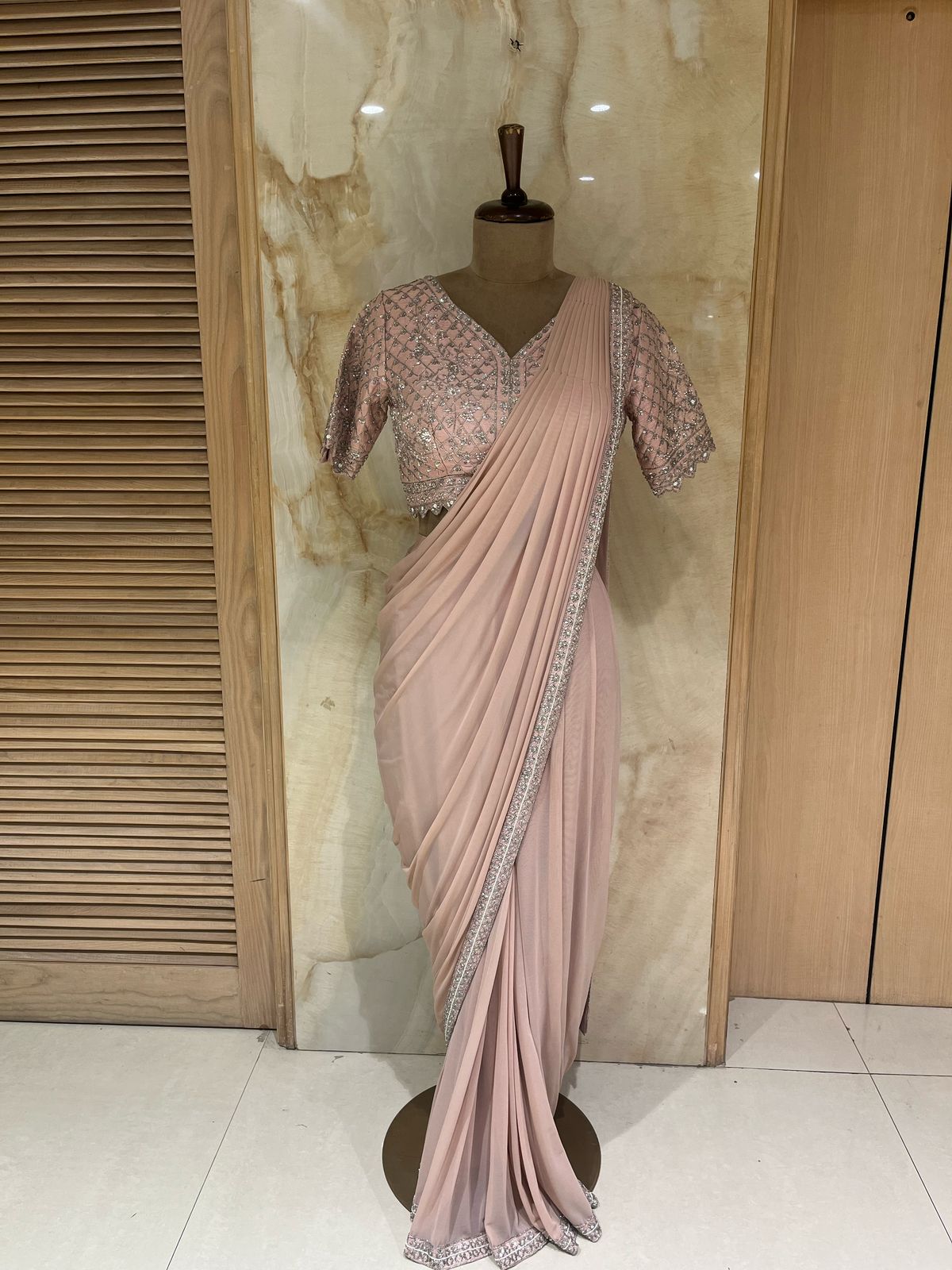 Sophisticated Salmon Pink Pre-Drape Saree Set