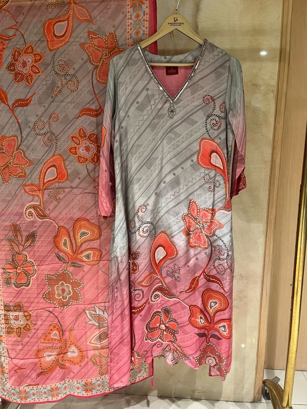 Gray & Pink Ombre Look Readymade Trouser Suit Set