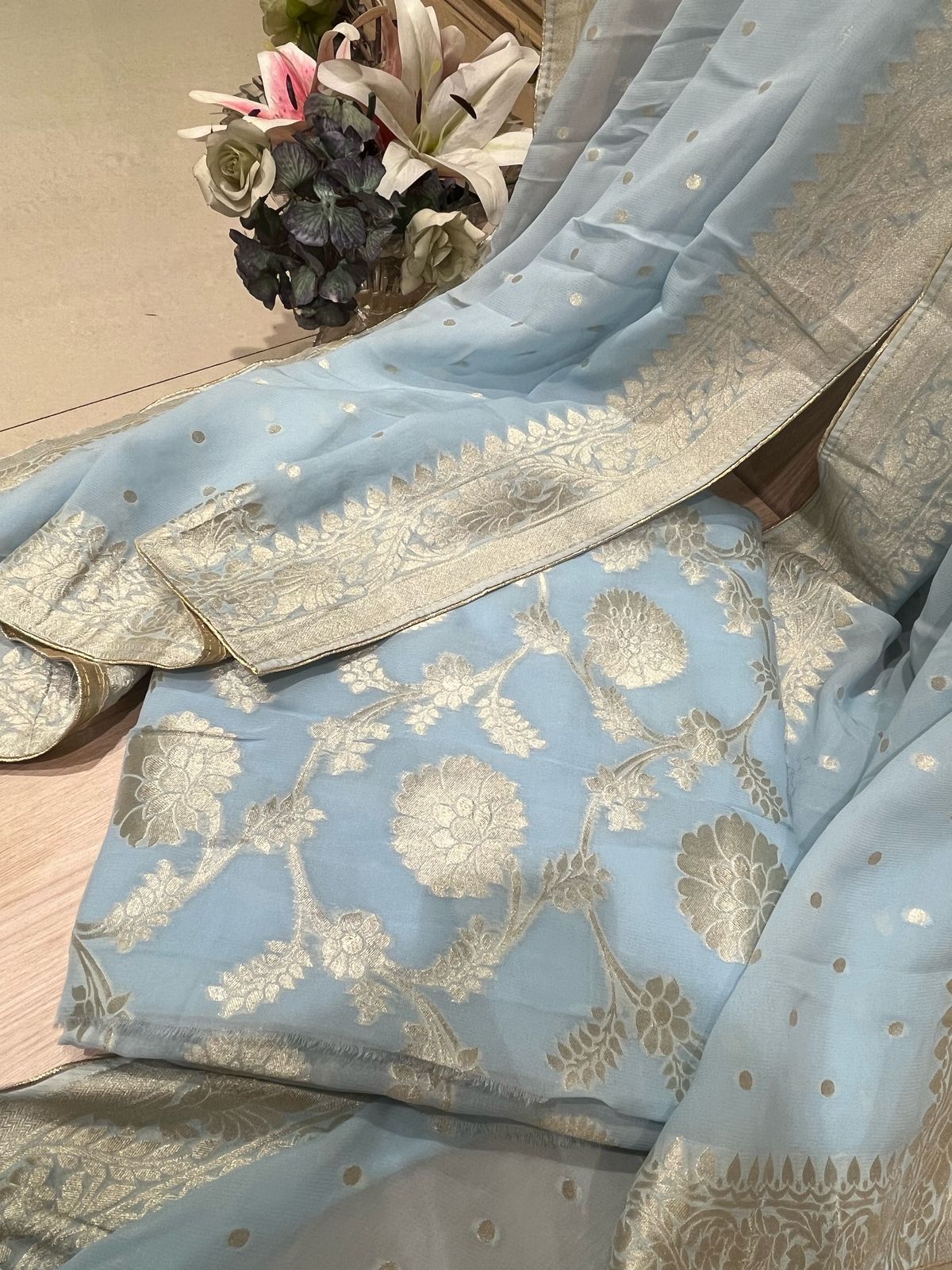 Unstitched Handwoven Pastel Blue Bnarasi Suit Set