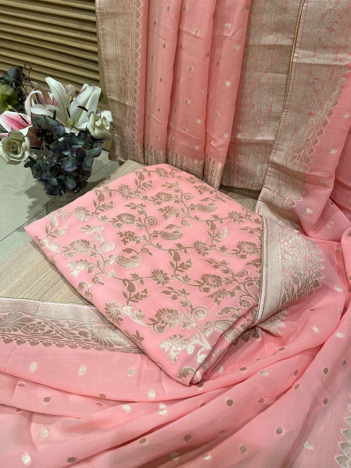 Adorable Unstitched Peach Bnarasi Suit Set