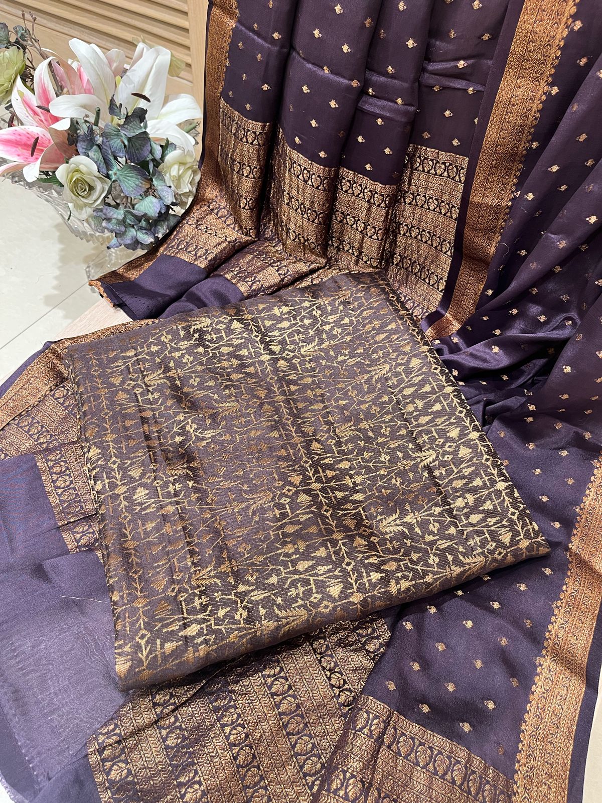 Unstitched Plum Purple Banarasi Suit Set