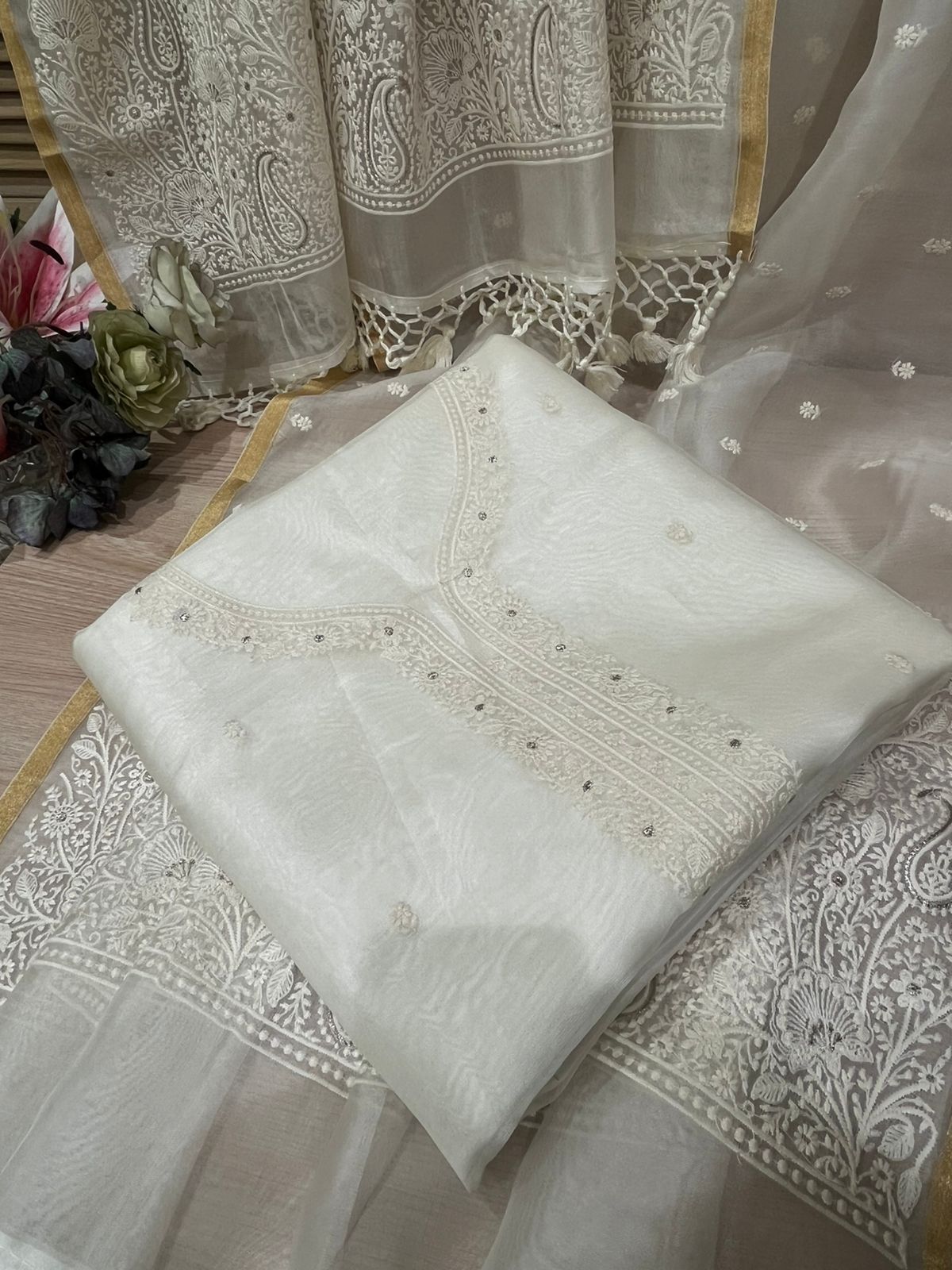 Sparkling Ivory Unstitched Tissue Organza Fabric Suit Set