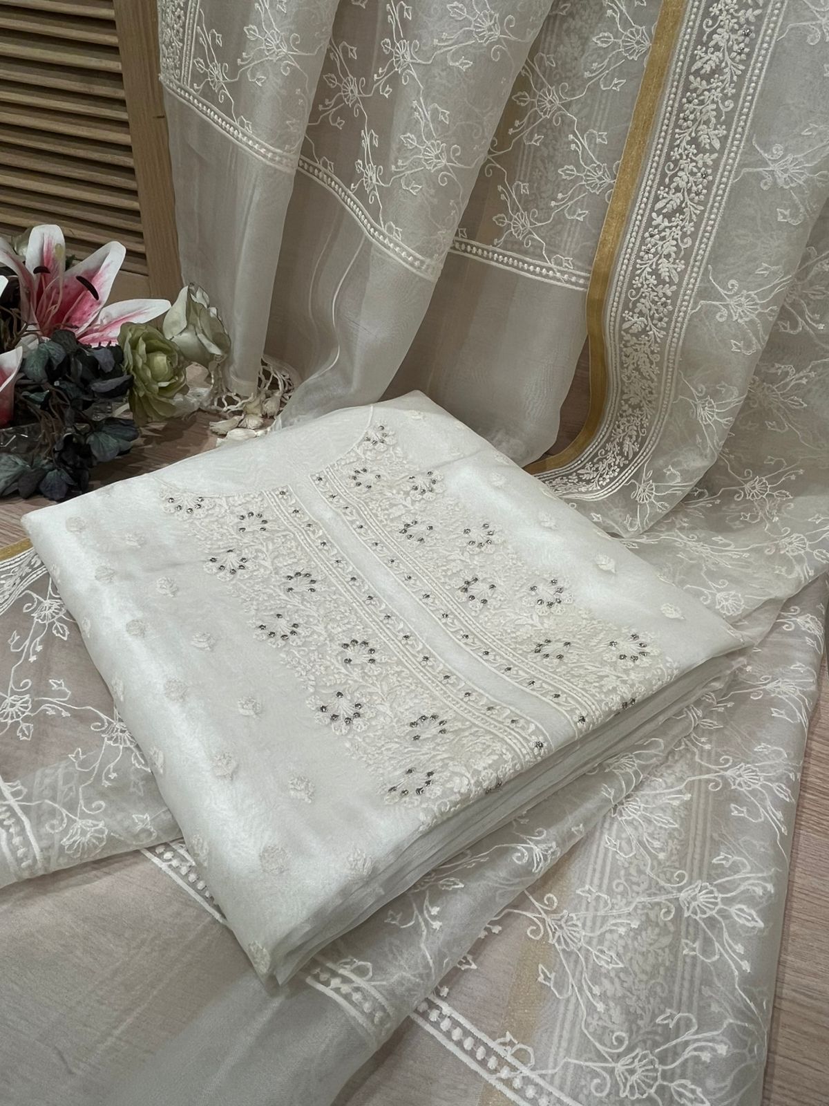 Sophisticated White Unstitched Tissue Organza Suit Set