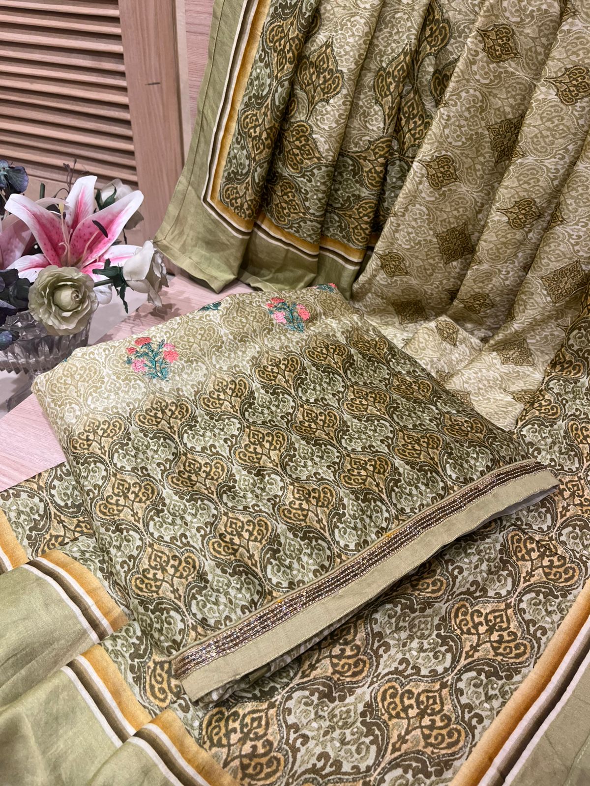 Unstitched Olive Green Suit Set