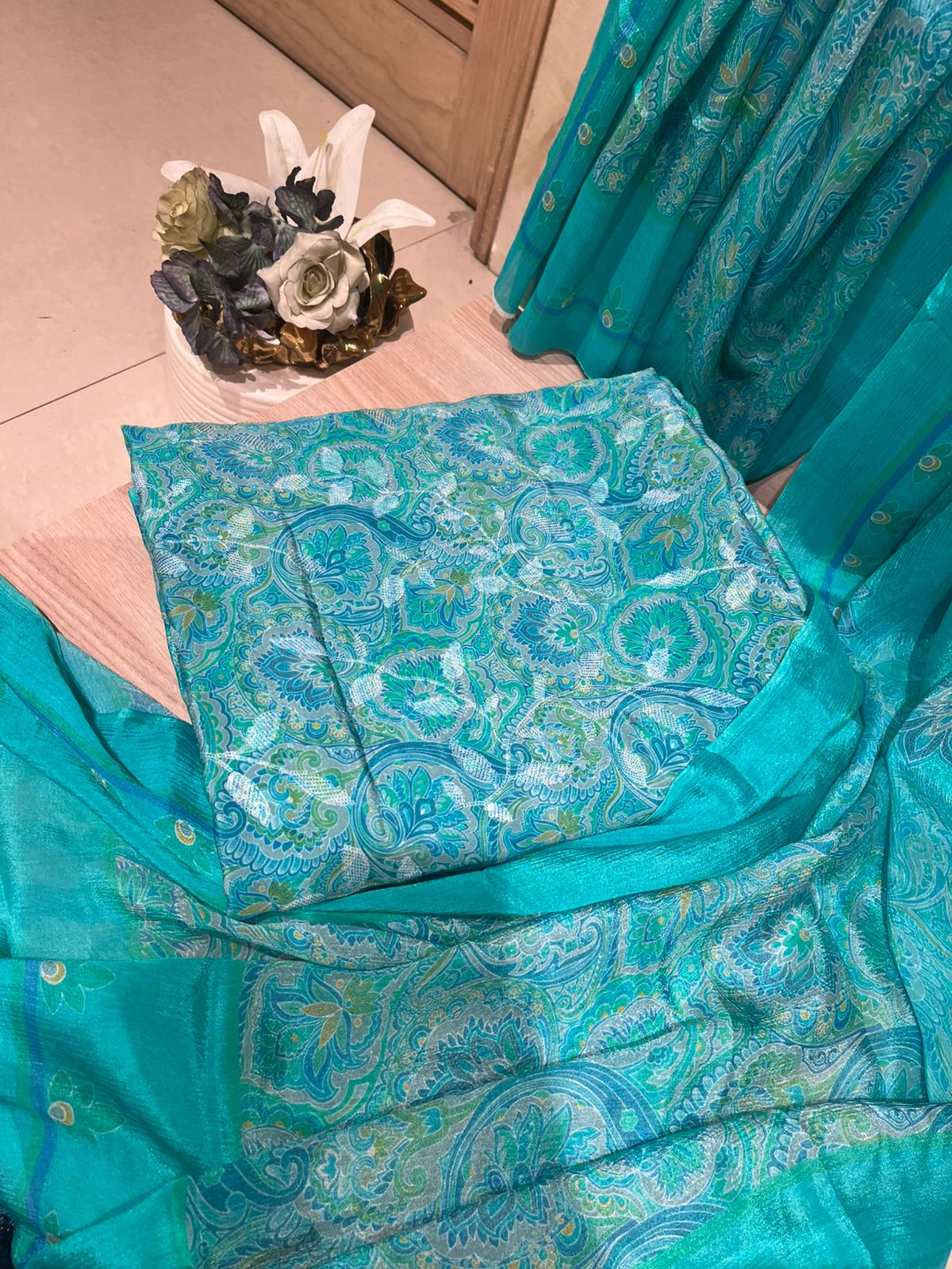 Unstitched Teal Blue Georgette Fabric Suit Set