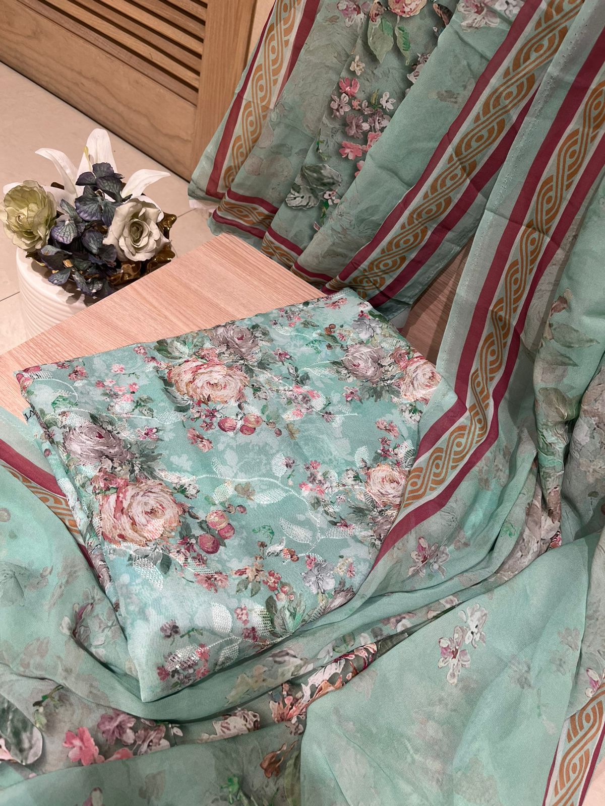 Adorable Light Green Unstitched Printed Suit Set