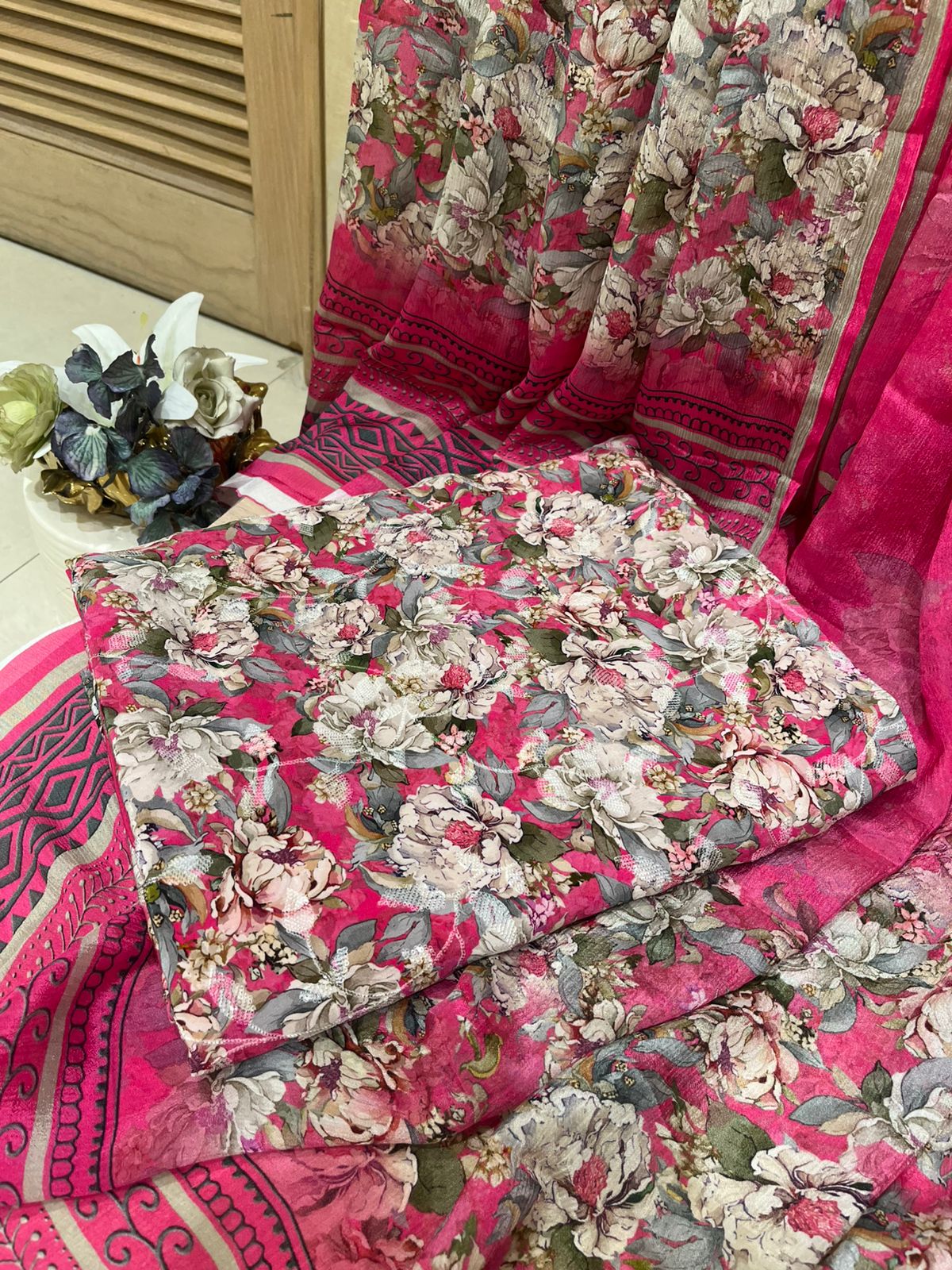 Unstitched Fuchsia Pink Georgette Fabric Suit Set