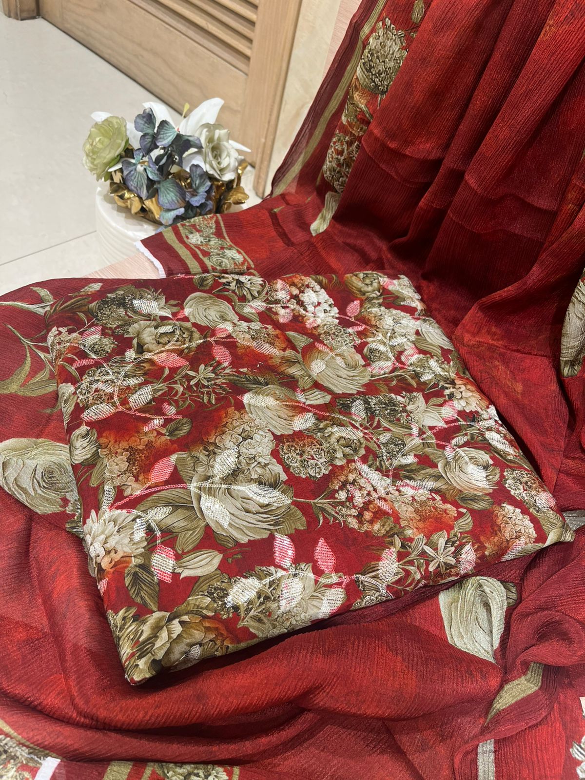 Unstitched Maroon Red Georgette Fabric Suit Set