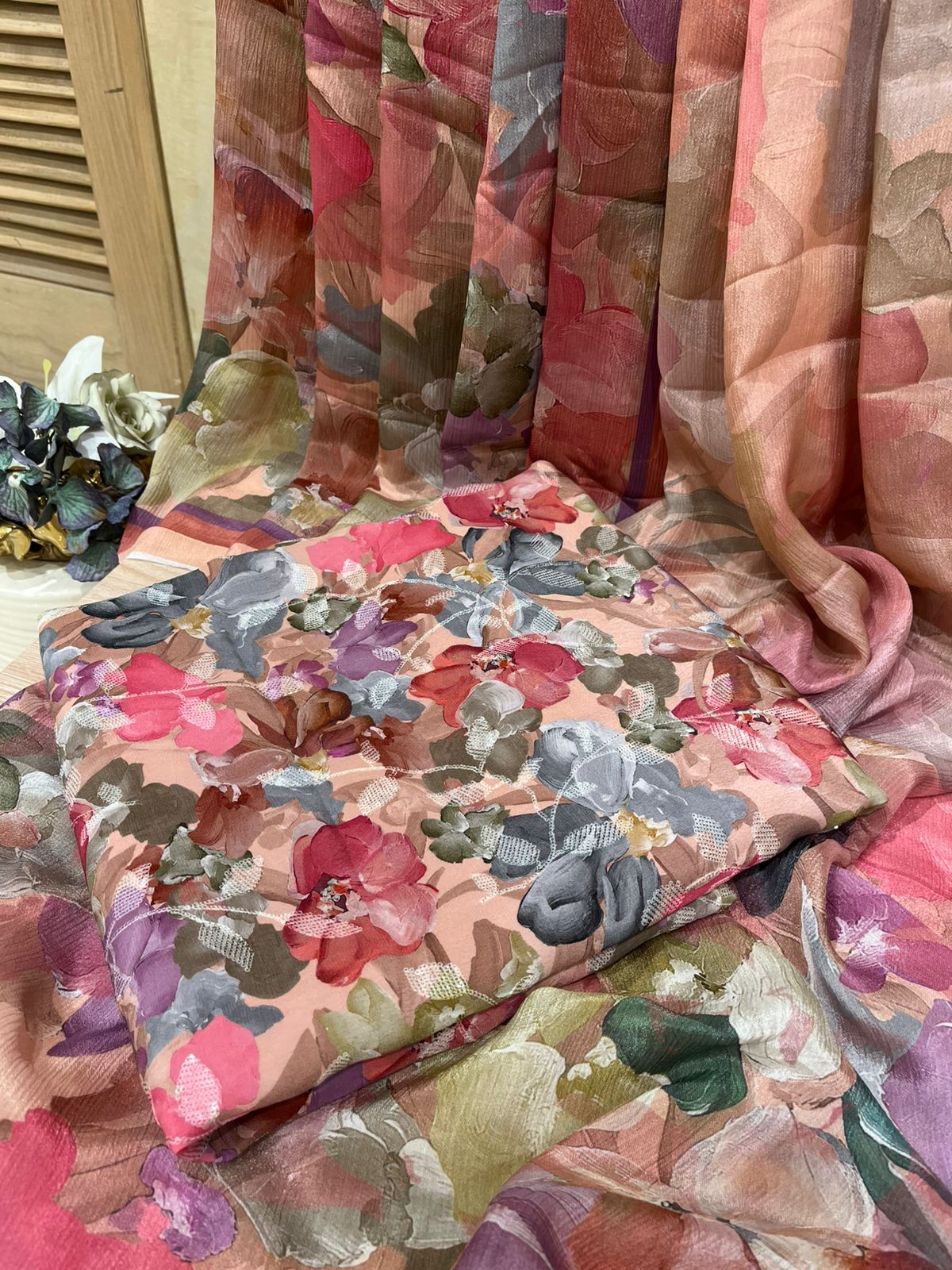 Unstitched Peach Floral Printed Suit Set