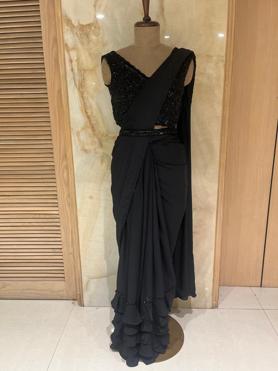 Timeless Black Readymade Pre-Drape Saree Set
