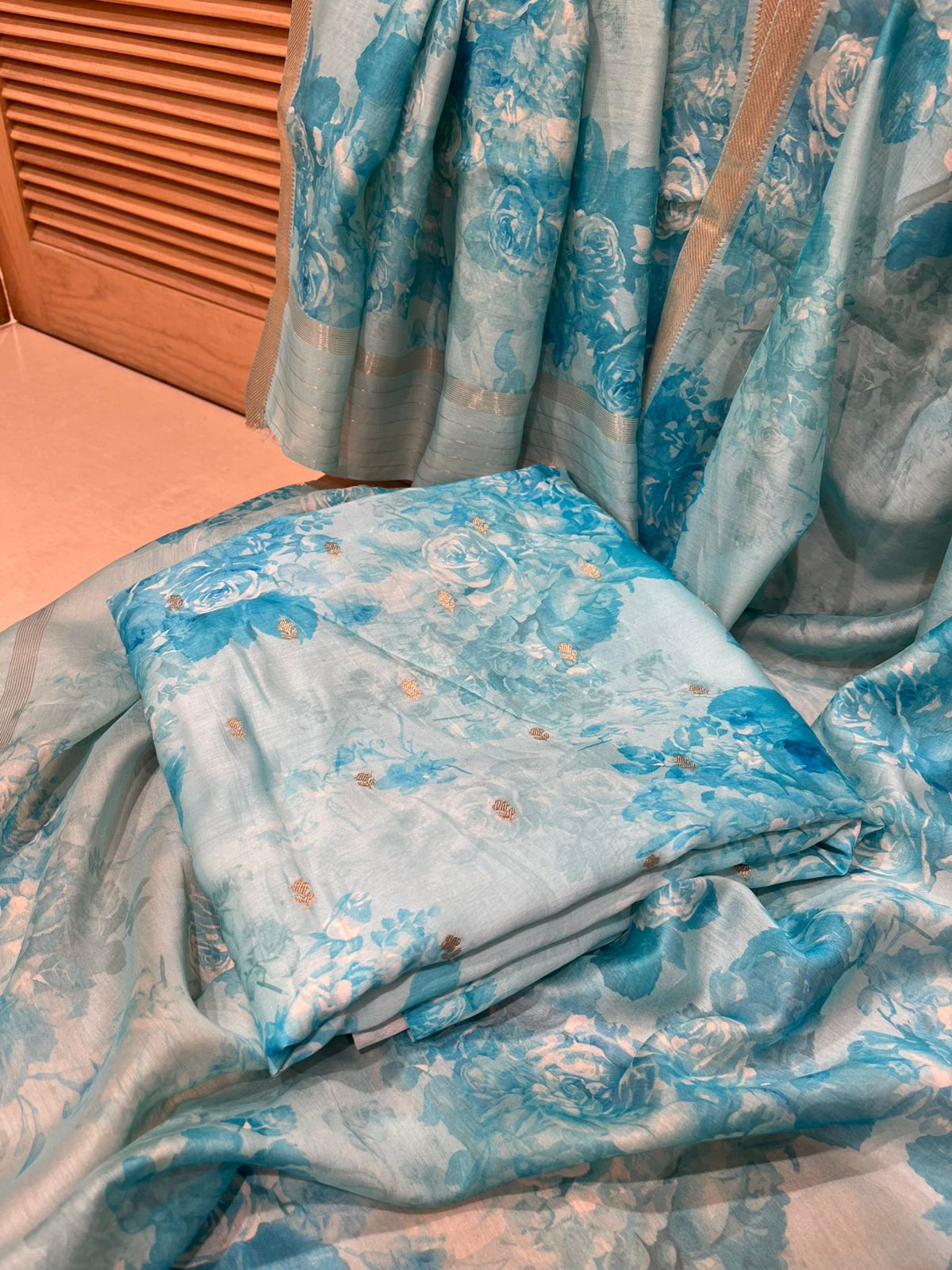 Unstitched Sky Blue Floral Print Suit Set