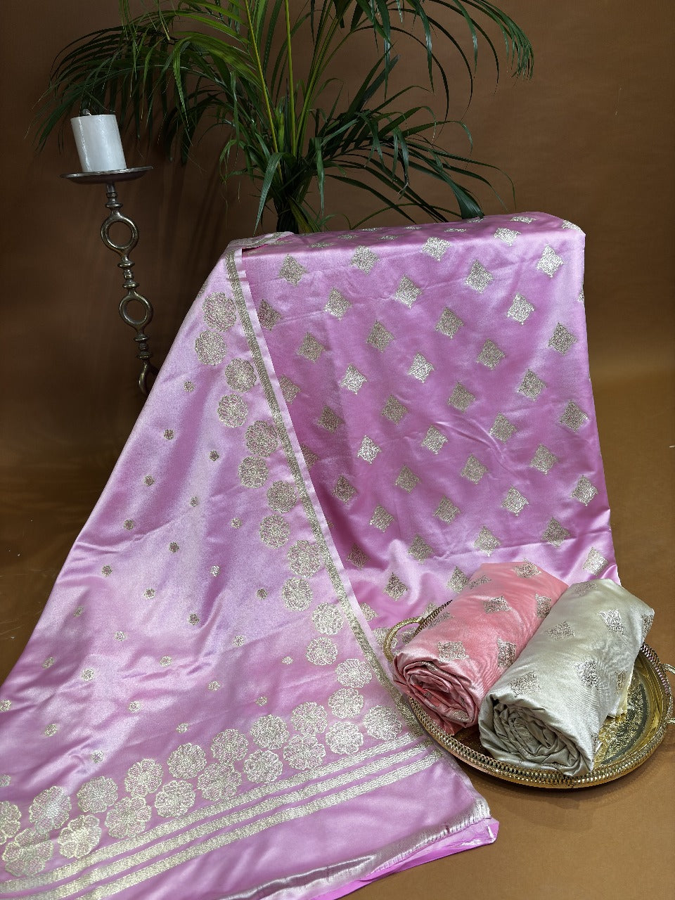 Pink banarasi silk suit with silver works