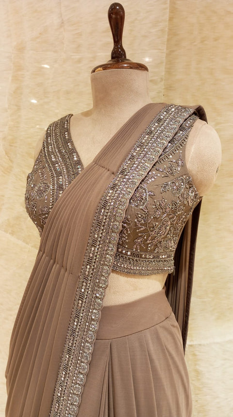 Awesome Charcoal Lycra Pre-Drape Saree