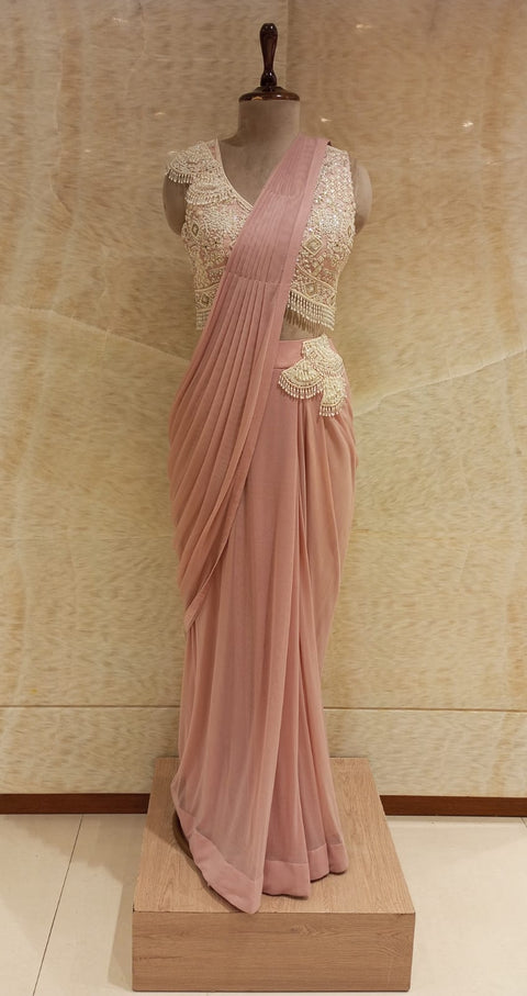 Blush Pink Pre- Drape Lycra Saree