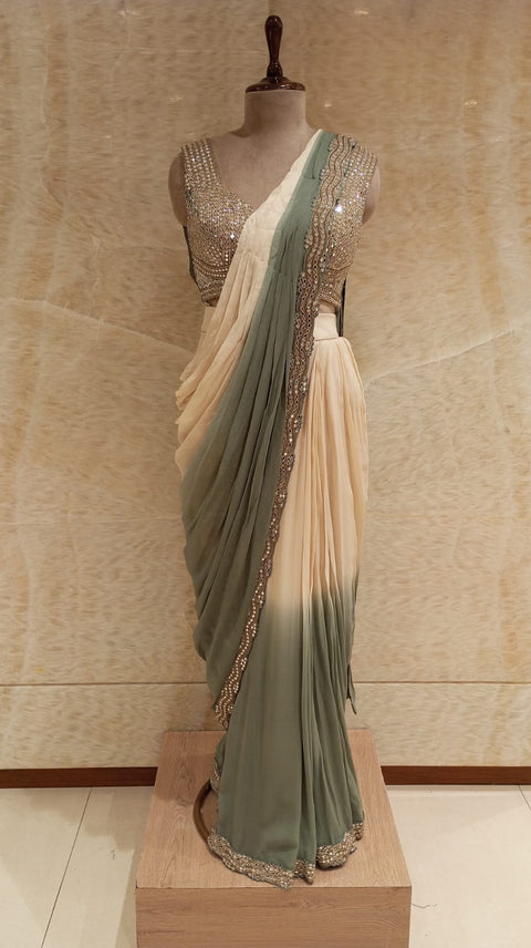 Sophisticated Green & Cream Pre- Drape Saree