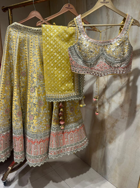 Ready To Wear Yellow Lehnga Choli Set With Intricate Mirror, Aari & Zardozi Embellishment