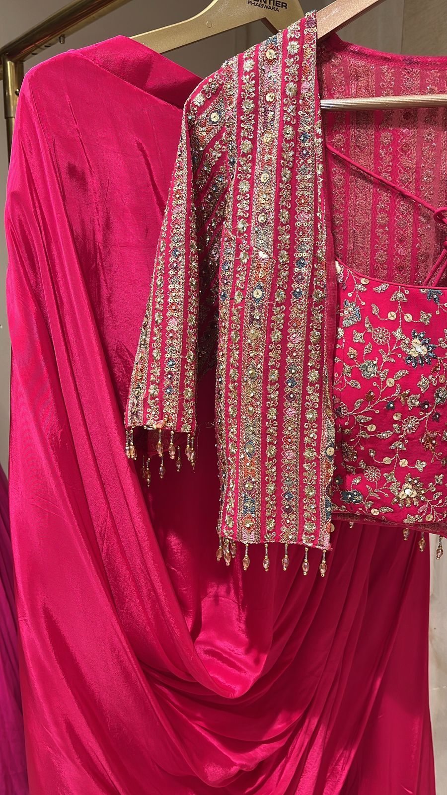 Bright Fuchsia Dhoti Jacket Set Adorn With Sequins, Cut Dana & Dabka Work.