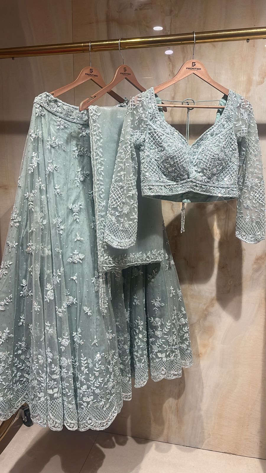 Adorable Baby Blue & Sage Green Ombre Glance Lehnga Set