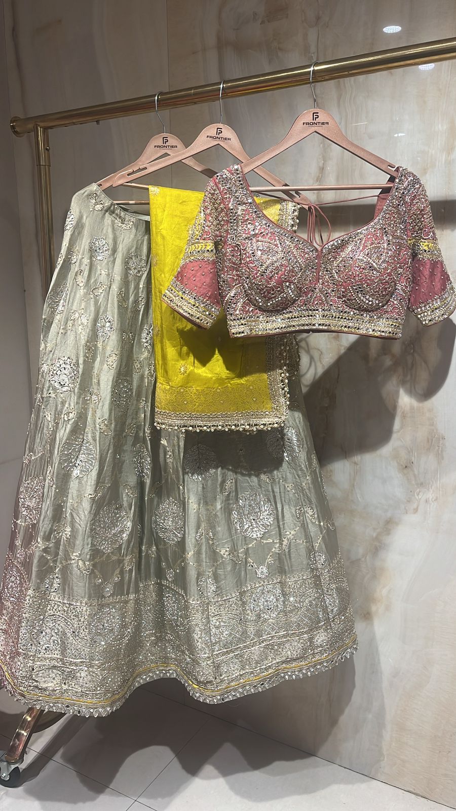 Adorable Multicolor Lehnga Choli Set Paired With Contrast Grey Lehnga & Yellow Dupatta.