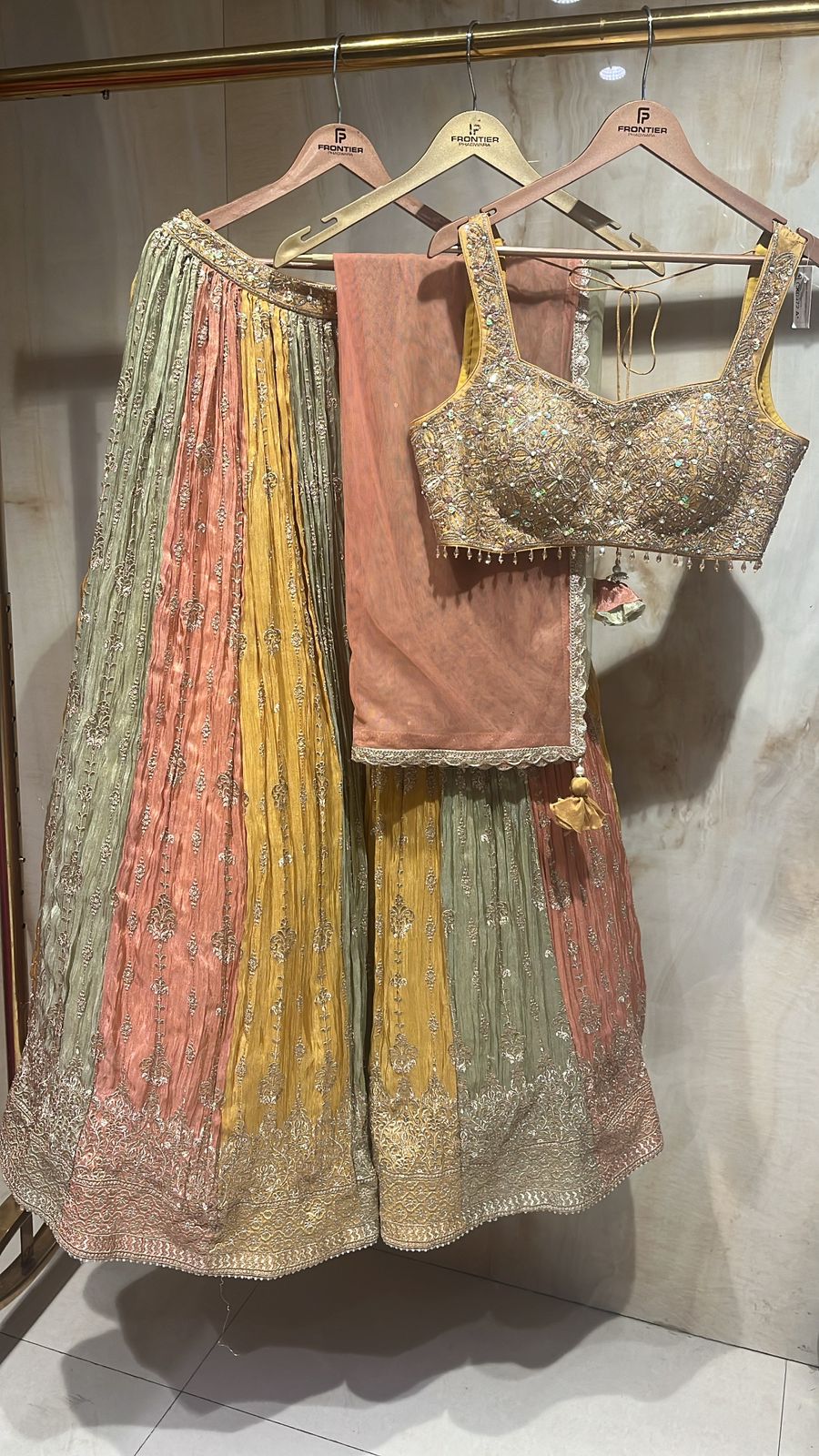 Ready TO Wear Multicolor Lehnga Set Crafted With Cut Dana & Zardozi Work.