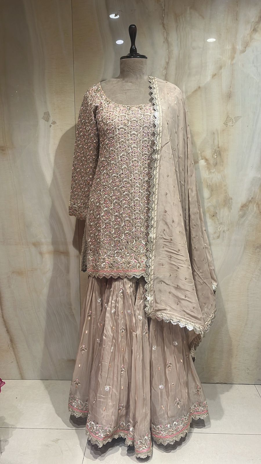 Ready To Wear Light Brown Sharara Set Crafted With Beads, Tilla & Zardozi Embroidery.