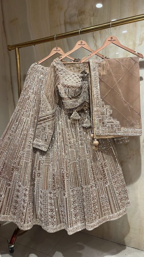 Intricate Zardozi, Aari & Tassels Embellished Readymade Beige Lehnga.