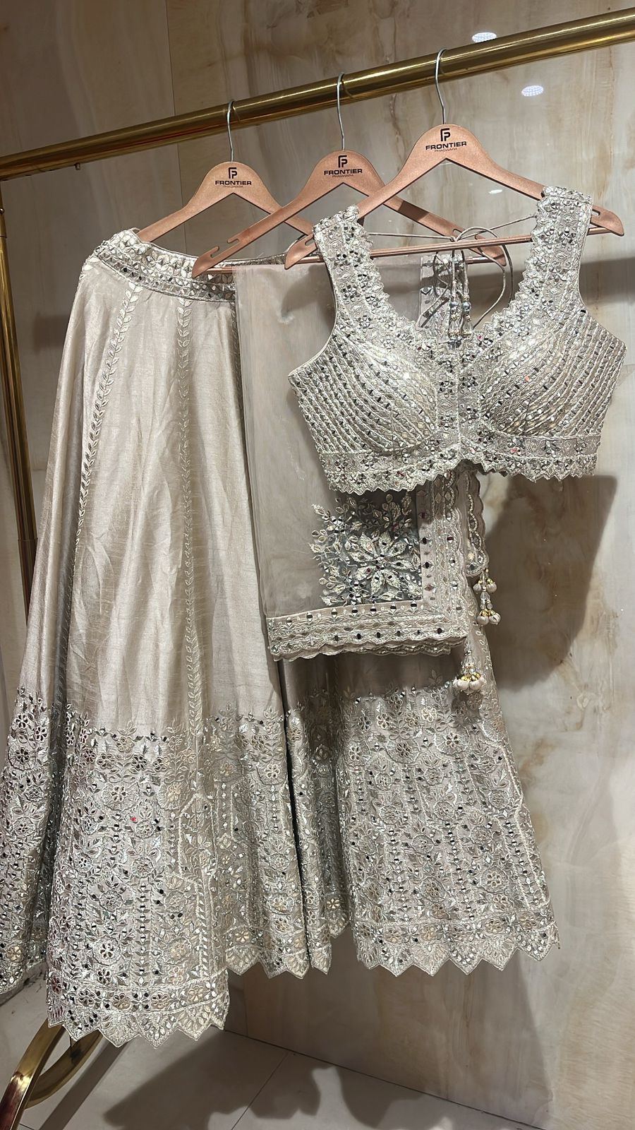 Dazzling Light Gray Readymade Lehnga Set Paired With Zardozi & Mirror Embroidery.