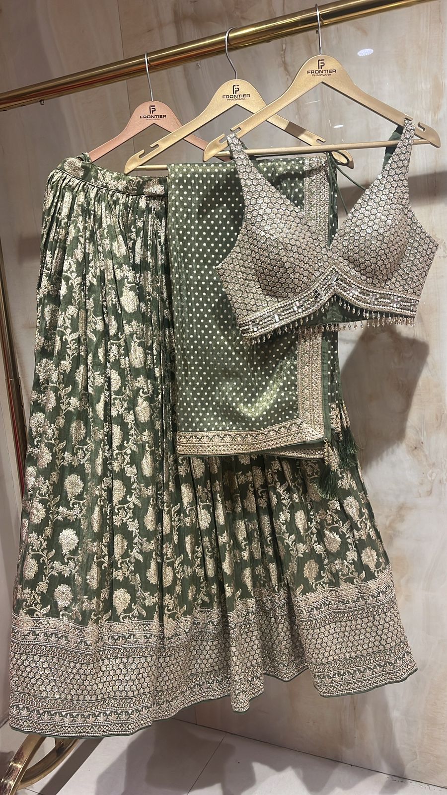 Elegant Readymade Olive Lehnga Choli Set.