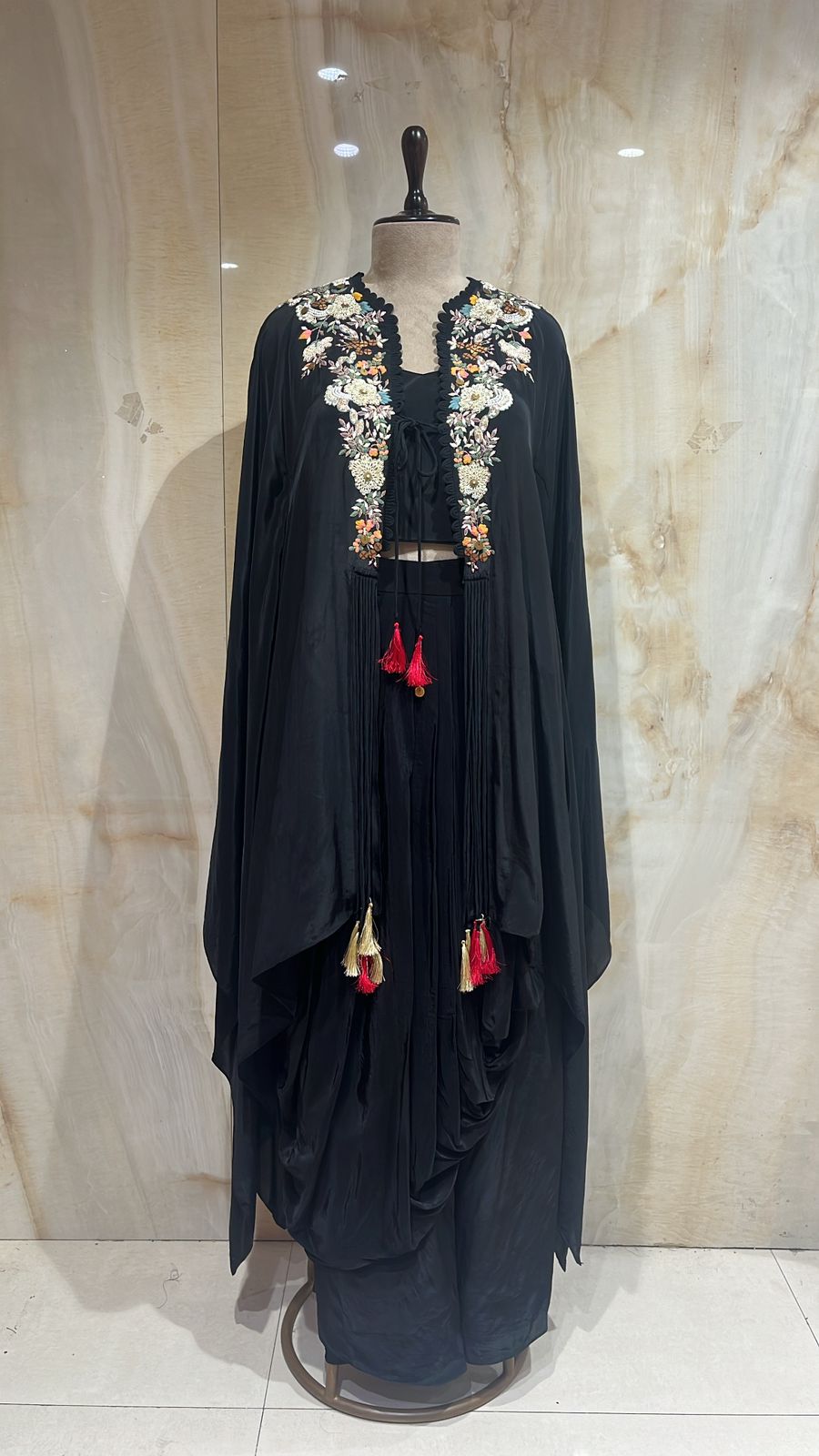 Black Embellished Chinon Silk Jacket Shrara Set.