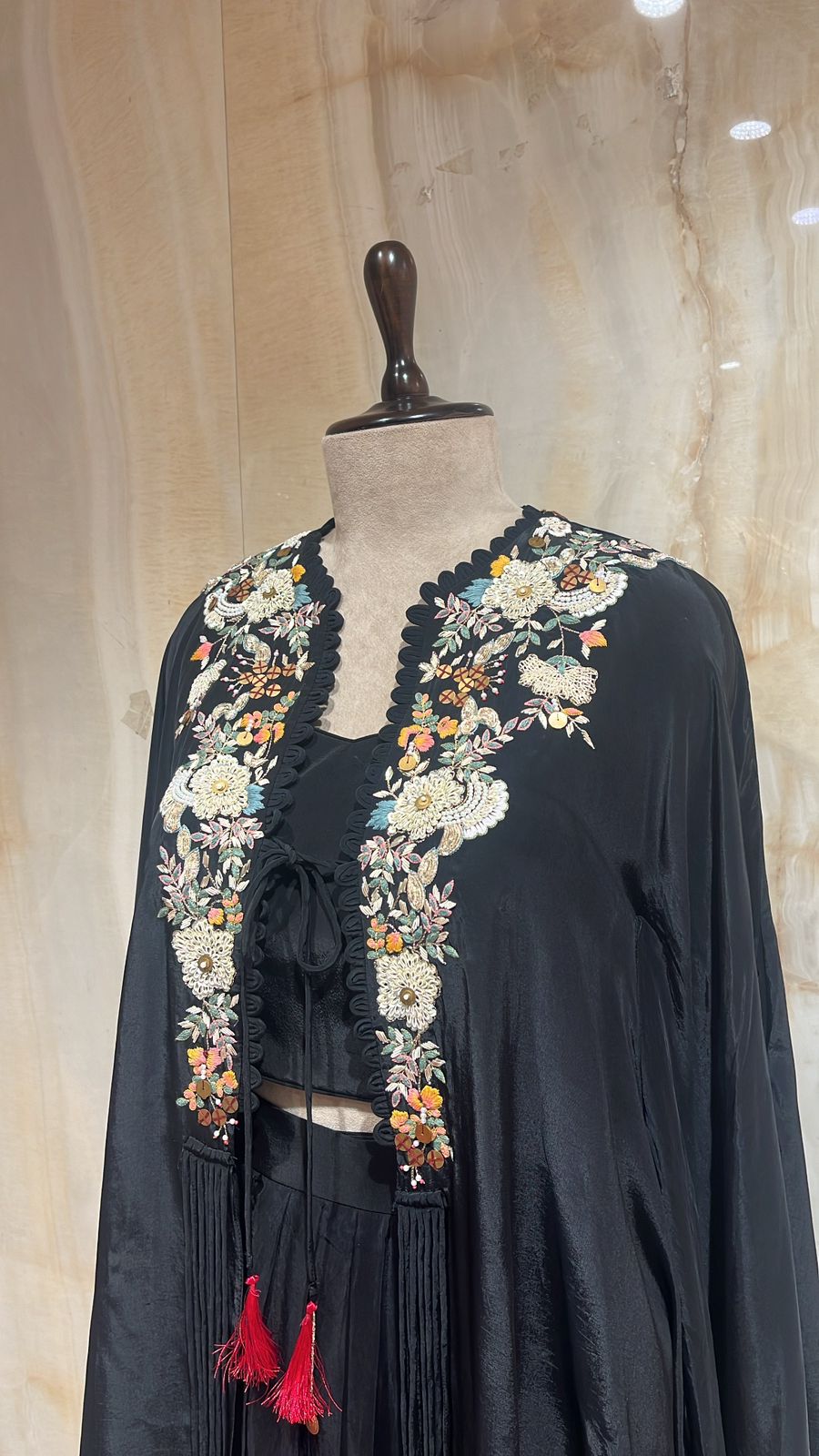 Black Embellished Chinon Silk Jacket Shrara Set.