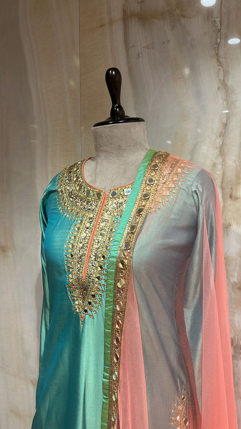 Enchanting Aqua Blue Readymade Shrara Suit Paired With Contrast Coral Pink Shrara & Dupatta.