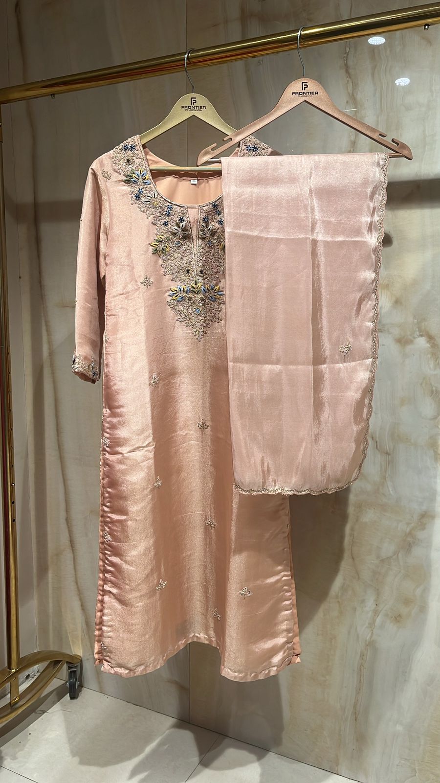 Zari & Thread Embroidered Readymade Salmon Color Trouser Suit