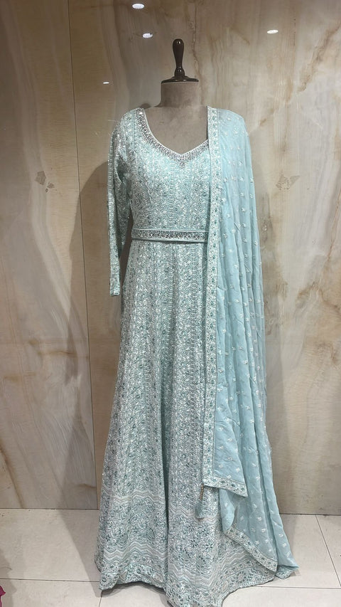 Sophisticated Sky Blue Floor-Touch Net Anarkali Set.