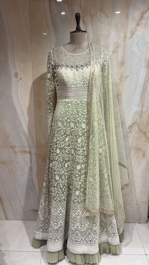 Enchanting Mint Green Floor-Touch Anarkali Suit Set.