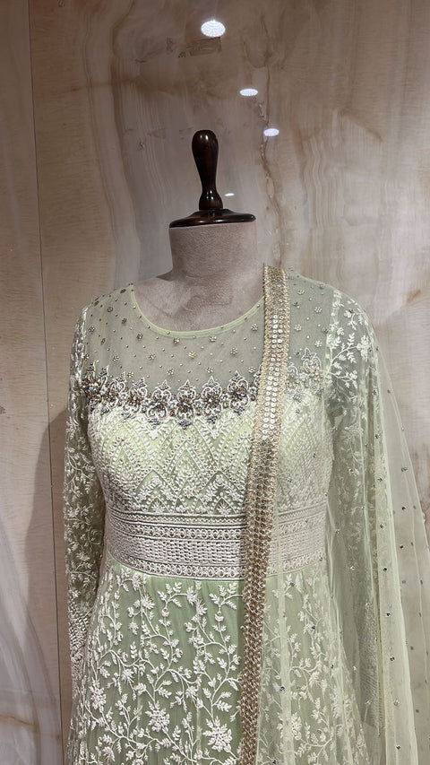 Enchanting Mint Green Floor-Touch Anarkali Suit Set.