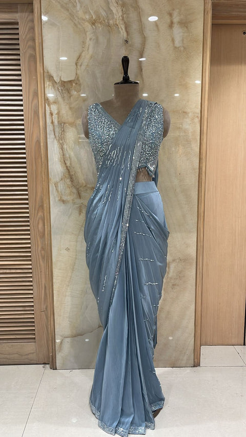 Sparkling Steel Blue Readymade Drape Saree