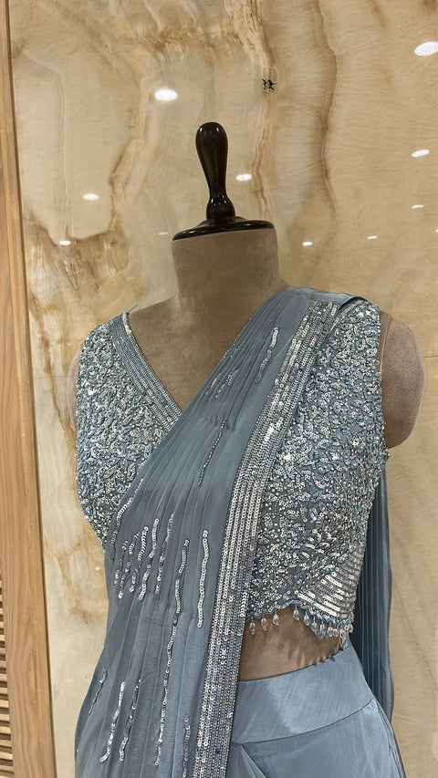 Sparkling Steel Blue Readymade Drape Saree