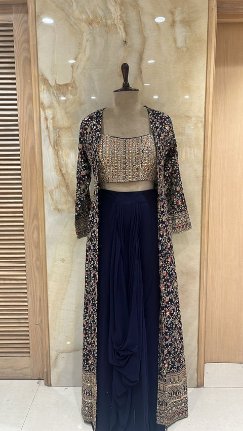 Sophisticated Navy Blue Jacket Shrara Set Accompanied With Embellished Crop-Top