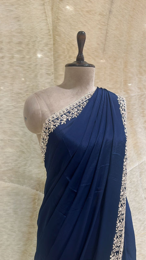 Elegant Navy Blue Saree Paired With Unstitched Blouse