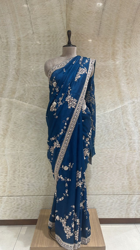 Elegant Royal Blue Organza Saree