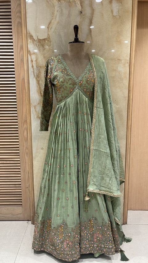 Elegant Mint Green Floor-Touch Readymade Anarkali Set