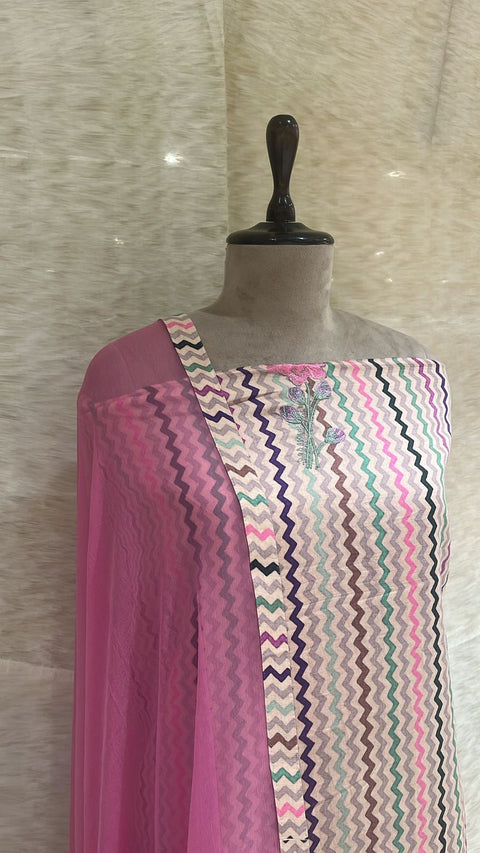 Unstitched Chevron Printed Cotton Suit Paired With Plain Bottom & Dupatta.