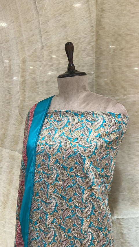 Unstitched Teal Blue Paisley Pattern Cotton Suit